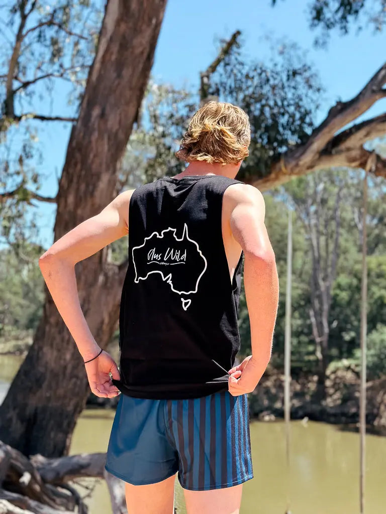 Gunbower Footy Shorts - Black & Blue Aus Wild Clothing Co