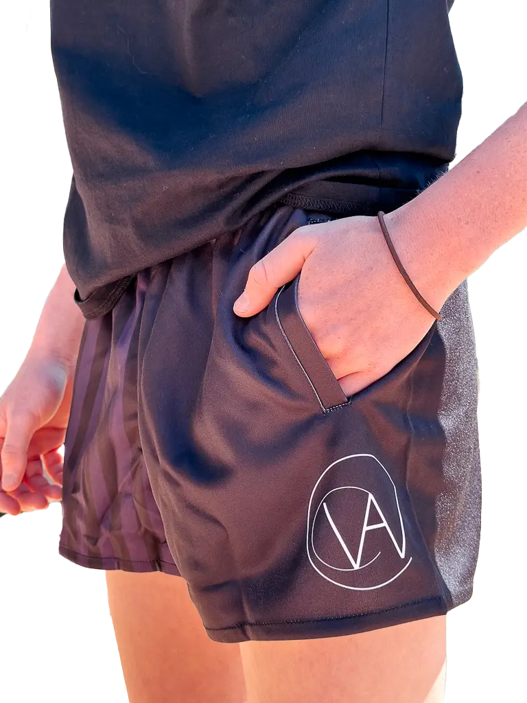 Gunbower Footy Shorts - Black & Purple Aus Wild Clothing Co