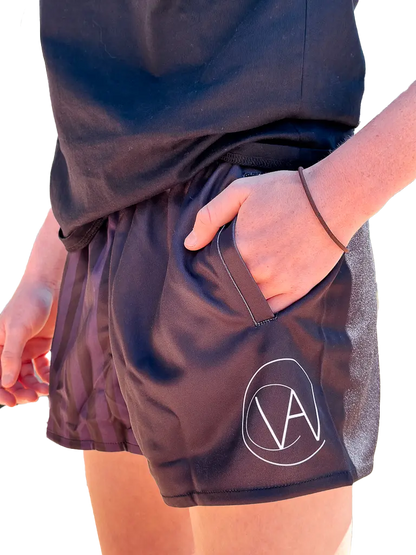 Gunbower Footy Shorts - Black & Purple Aus Wild Clothing Co