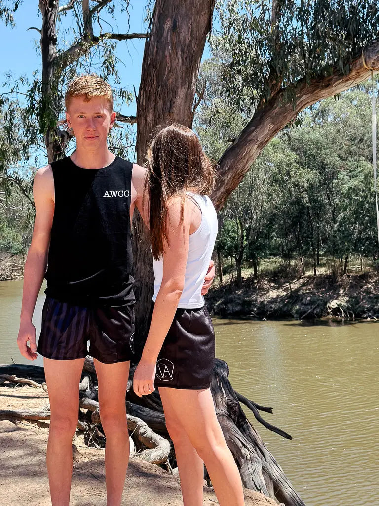 Gunbower Footy Shorts - Black & Purple Aus Wild Clothing Co