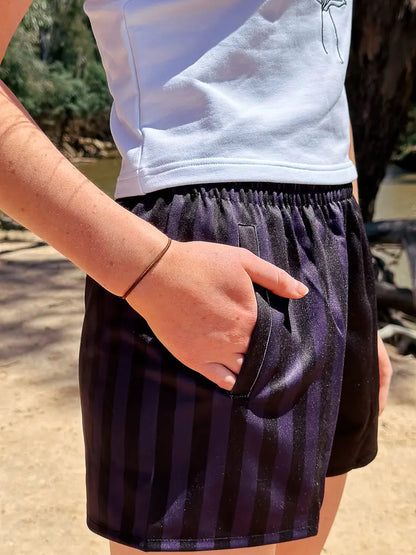 Gunbower Footy Shorts - Black & Purple Aus Wild Clothing Co