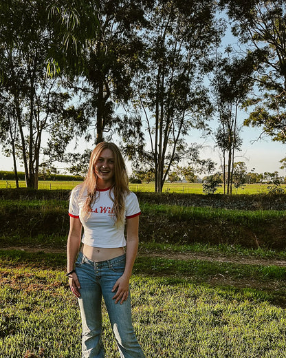 Gundagai Baby-Doll TShirt - White & Red Aus Wild Clothing Co