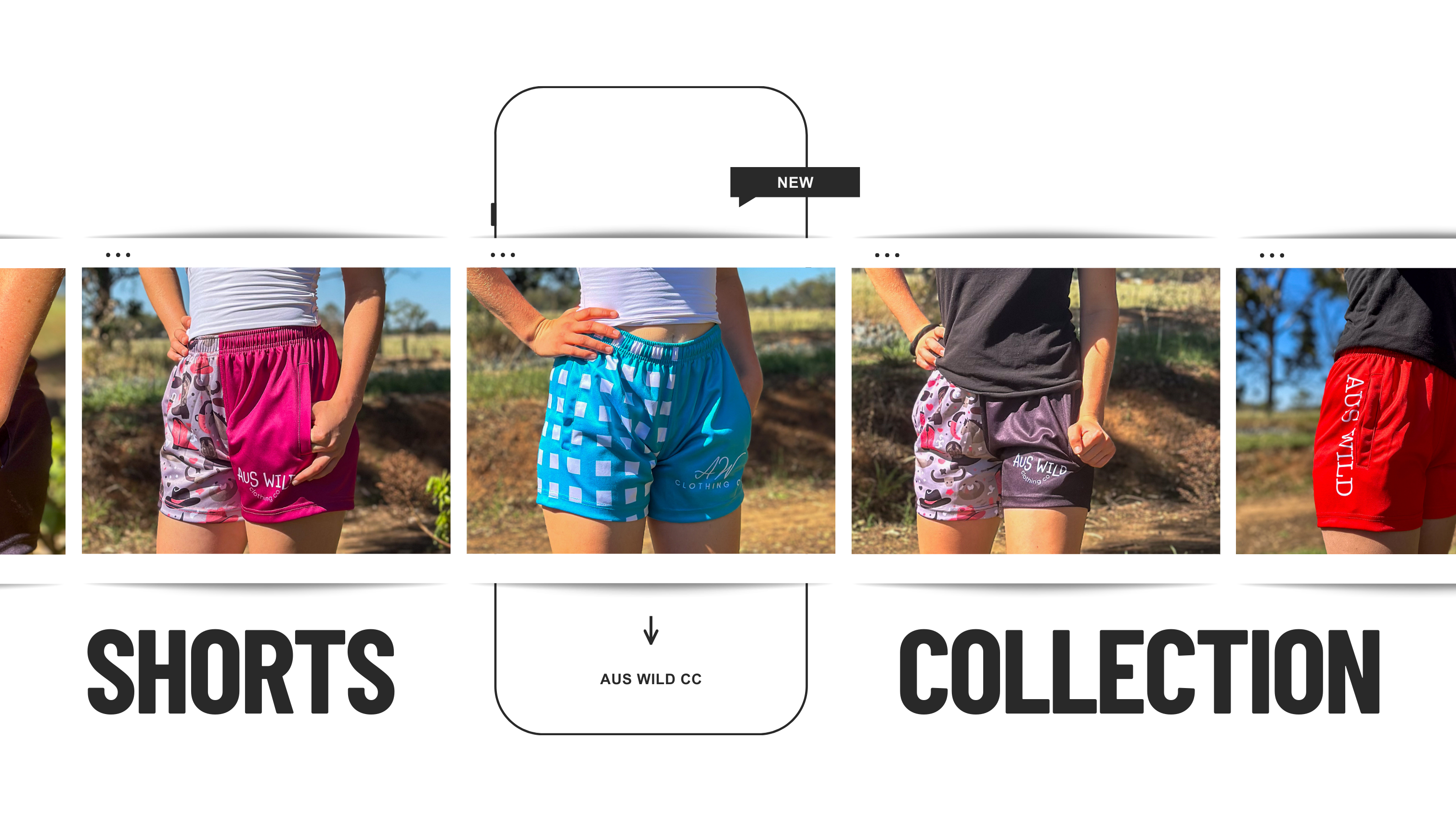 this graphic features several photos of our footy shorts, with text promoting our newest releases. the shorts are being worn by a young blonde female, there is our blue pair with Palmerston checkers, a bright red pair with text down the left hand side, and 2x pairs of our Eucla footy shorts with either black or magenta halves - with opposing cowgirl country graphic