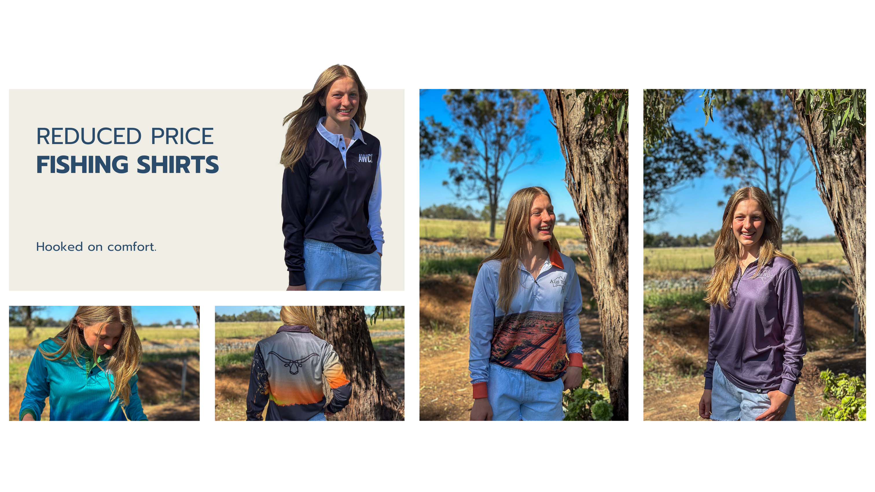 a website banner graphic with 5x photos of a young blonde lady wearing a variety of our different fishing shirts in a bushland location. fishing shirts include our black and white hawker jersey, our white, orange, and red bulloo downs fishing jersey, our charcoal cordillo downs jersey, blue and green pennefather river fishing jersey, and our seven emu station jersey featuring a photo of a sunset